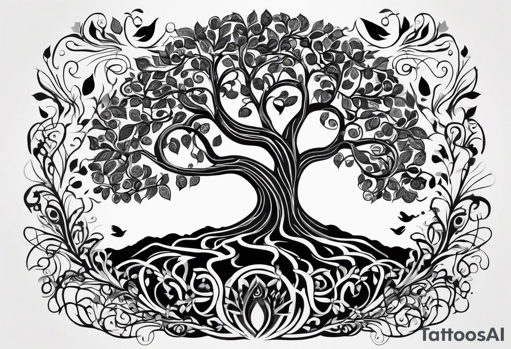 Black and white folk art whimsical tree of life drawing with roots winding all over tattoo idea