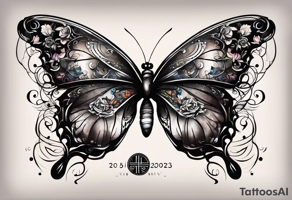 butterfly with one wing black scribbles, the other wing beautiful and colorful, the body has the date 1.9.2023 and the words written "I chose to live." tattoo idea