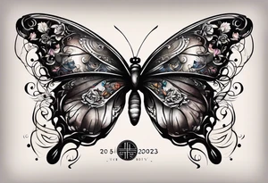 butterfly with one wing black scribbles, the other wing beautiful and colorful, the body has the date 1.9.2023 and the words written "I chose to live." tattoo idea