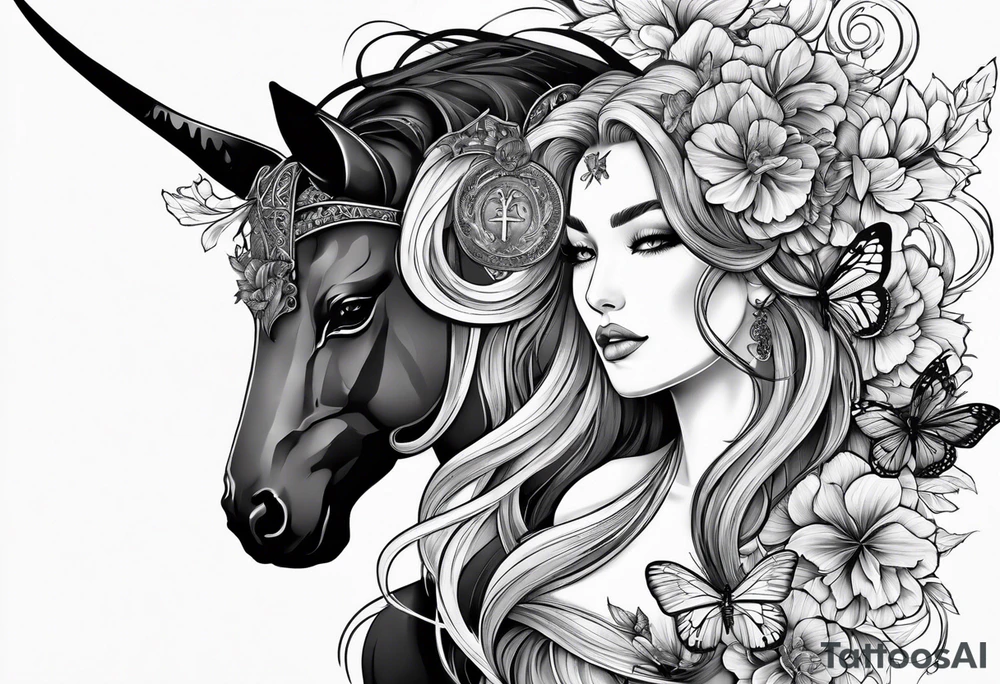 Capricorn and butterflies with a cross sleeve tattoo idea
