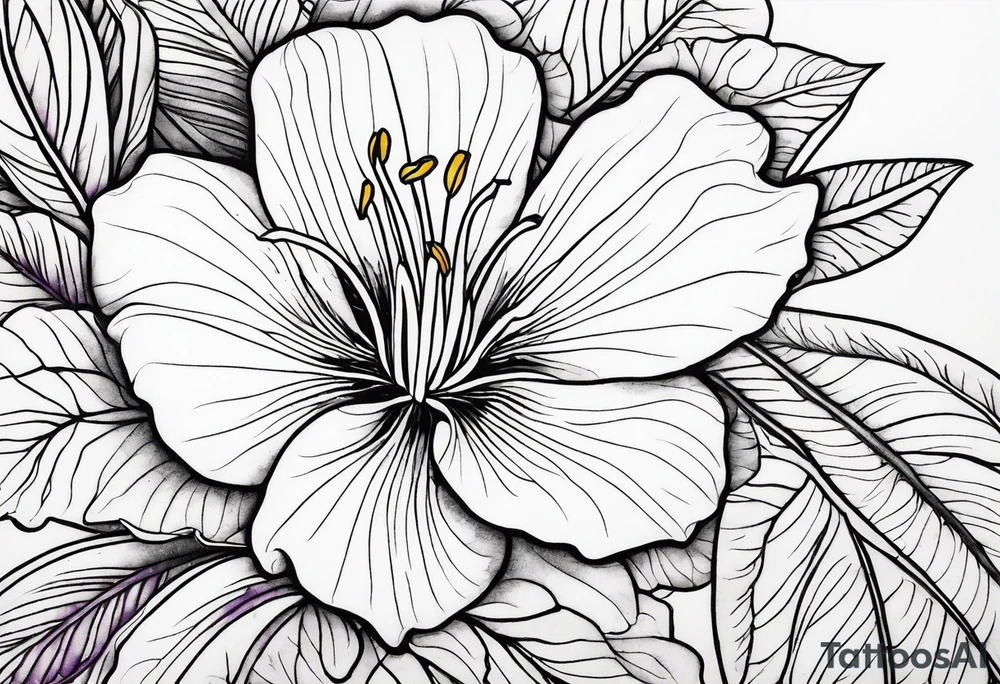 An outline of a rio dipladenia flower with a green and purple watercolor mix in the background tattoo idea