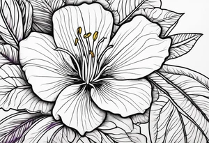 An outline of a rio dipladenia flower with a green and purple watercolor mix in the background tattoo idea