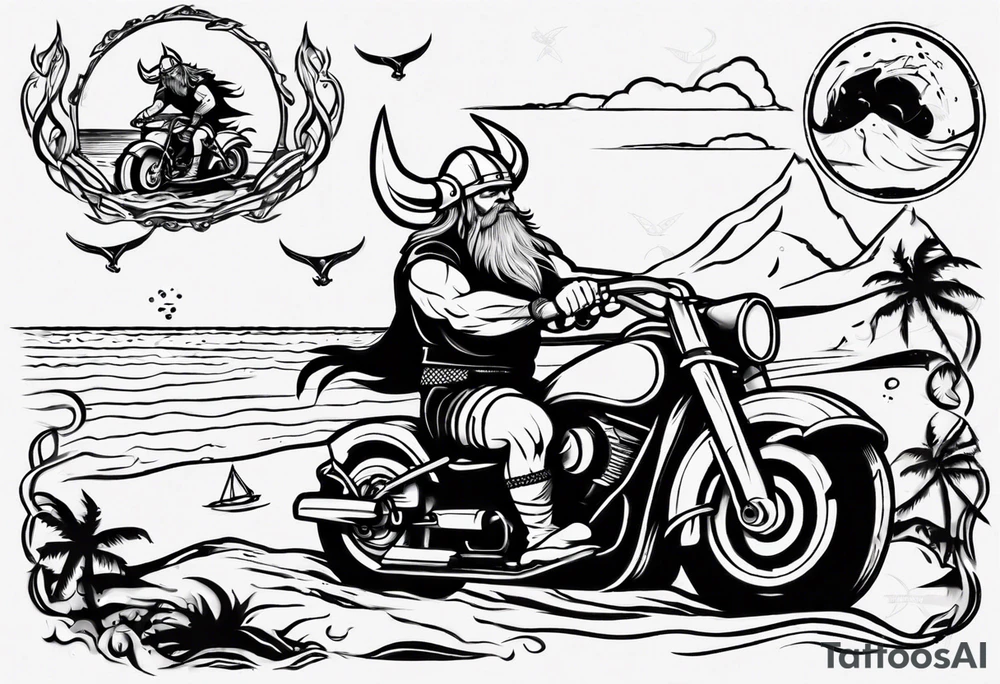 Viking riding a motorcycle along the beach tattoo idea