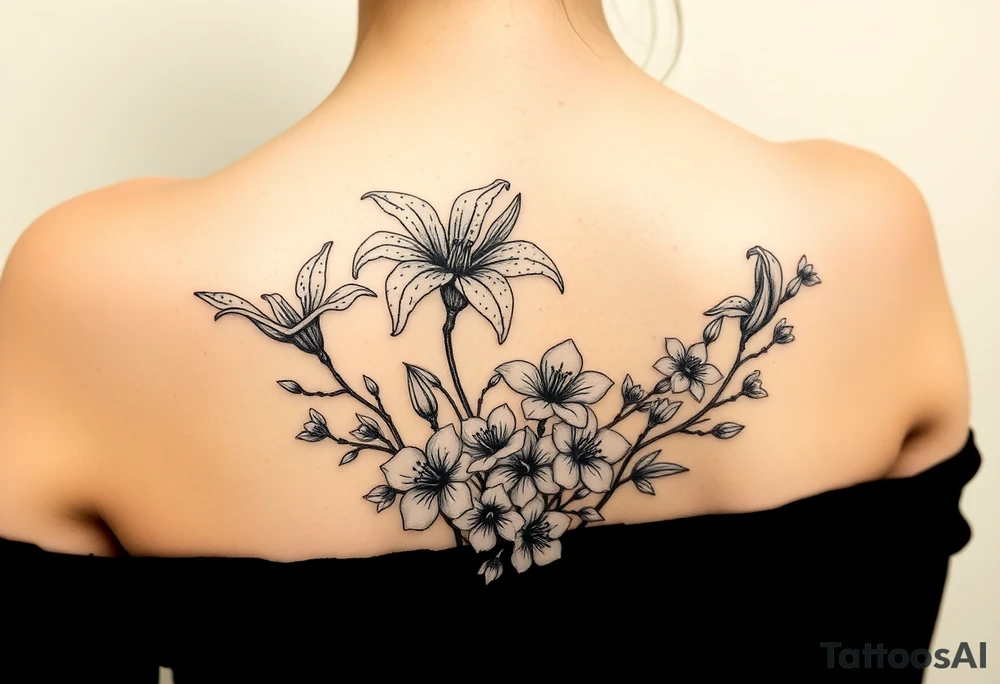 spider lily plants with cherry blossoms in a floral wrap on the arm tattoo idea