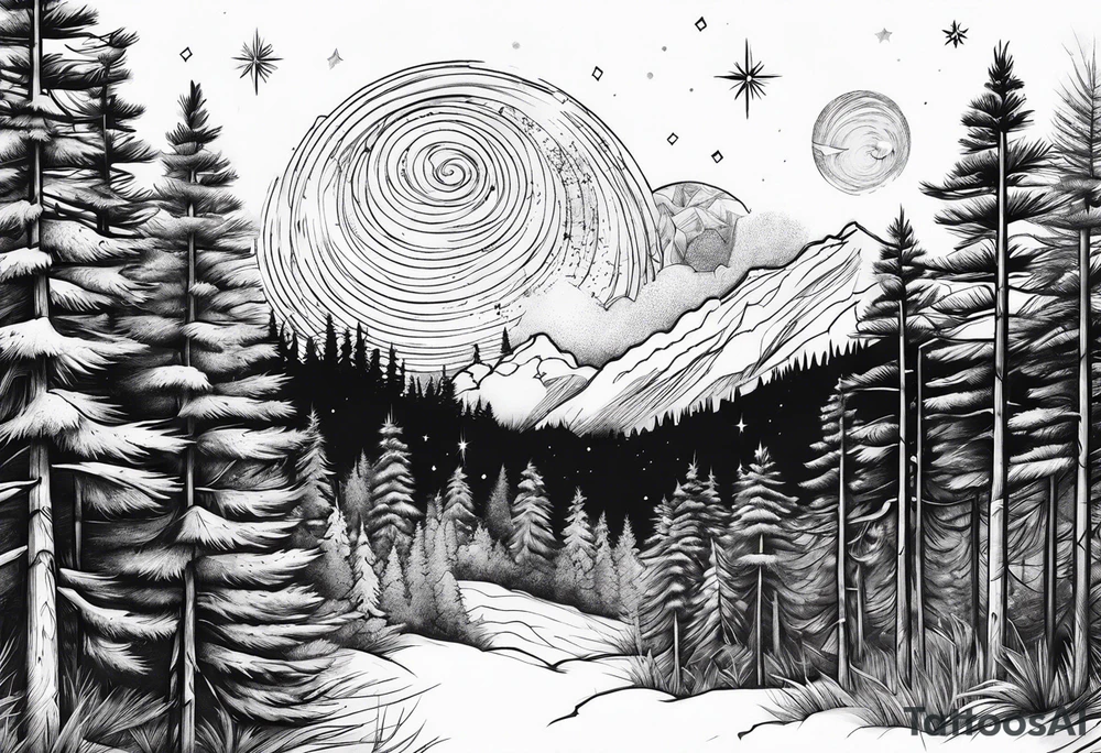 pine trees with stars in the sky tattoo idea
