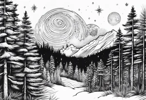 pine trees with stars in the sky tattoo idea