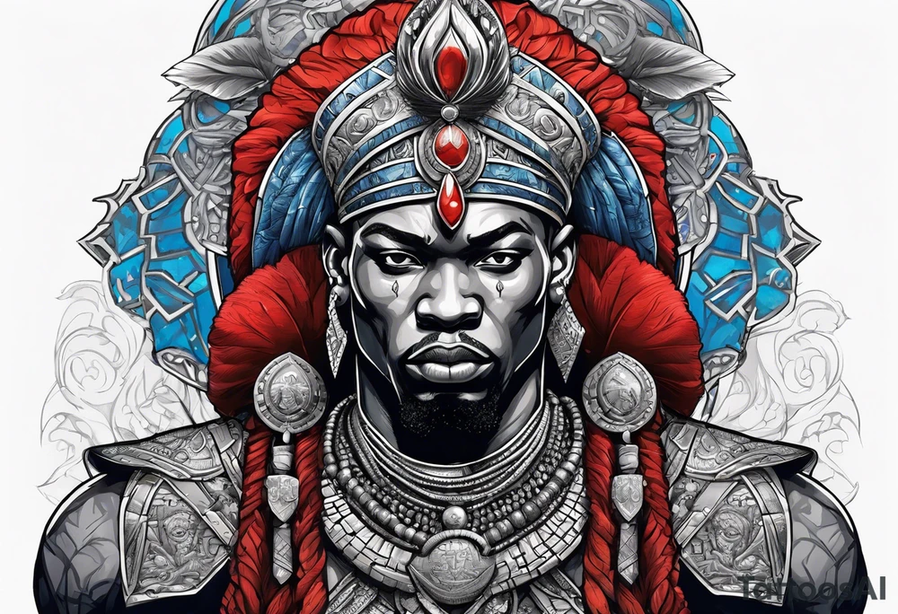 An african god, a bald warrior, that uses a sword and a silver crown. He also uses blue and red necklaces tattoo idea