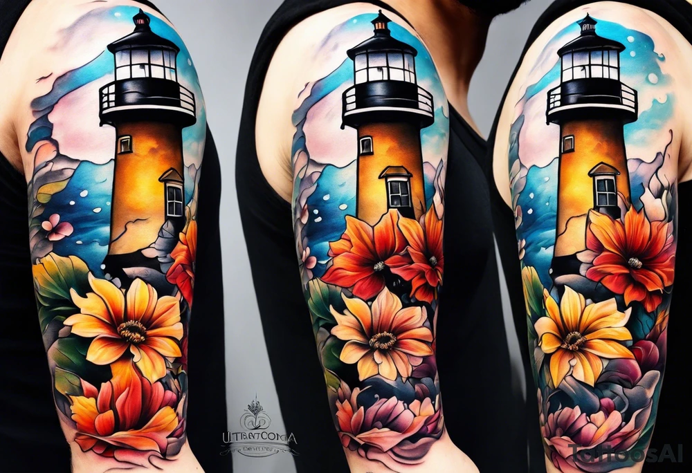 Arm sleeve with fall colors, various flowers, water flow, water splash, light house tattoo idea