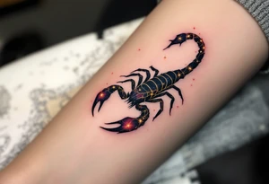 The celestial scorpion creeps across the night in streaks of golden scorpio star constellation lit by Antares’ burning red flame tattoo idea