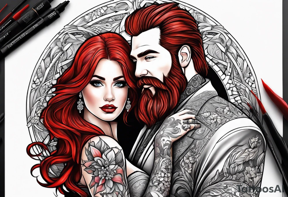 Busty red haired woman and a bearded man with black hair getting married tattoo idea