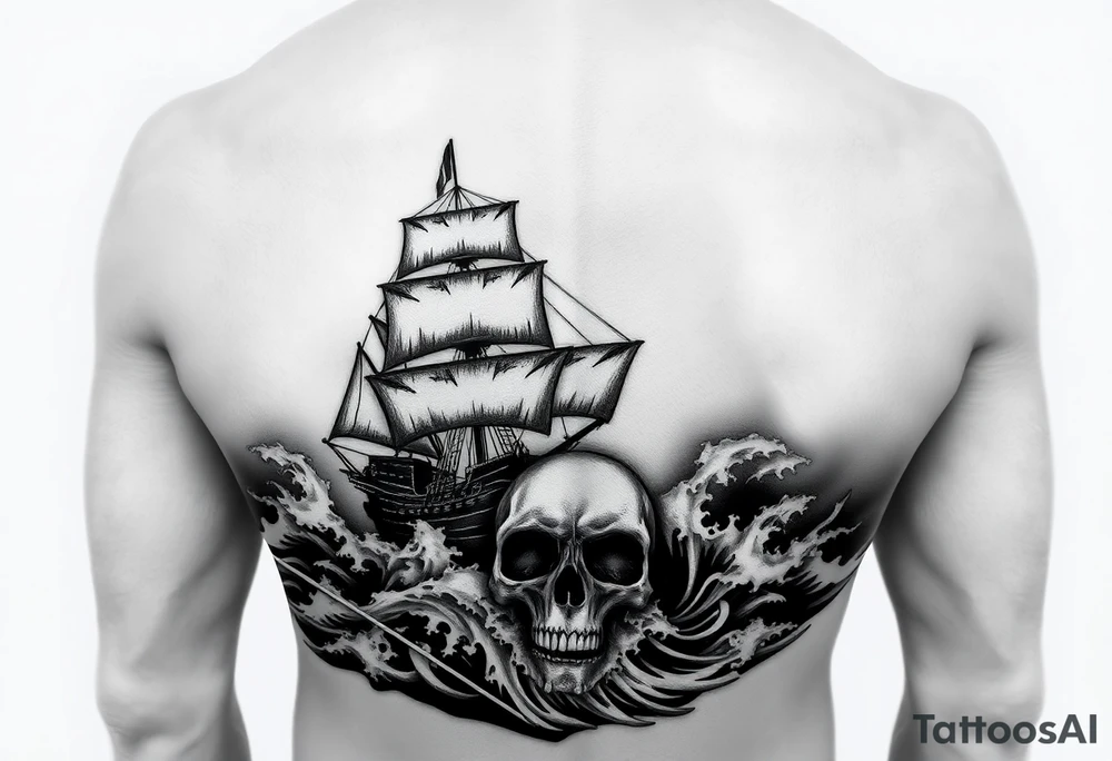 Ultra-detailed tattoo design, hyper-realistic black and grey, ghostly pirate ship emerging from stormy waves, giant skull fading into the sea foam, dramatic lighting, high contrast shading, stencil-ready, full sleeve composition, no background clutter, smooth gradient transitions. tattoo idea