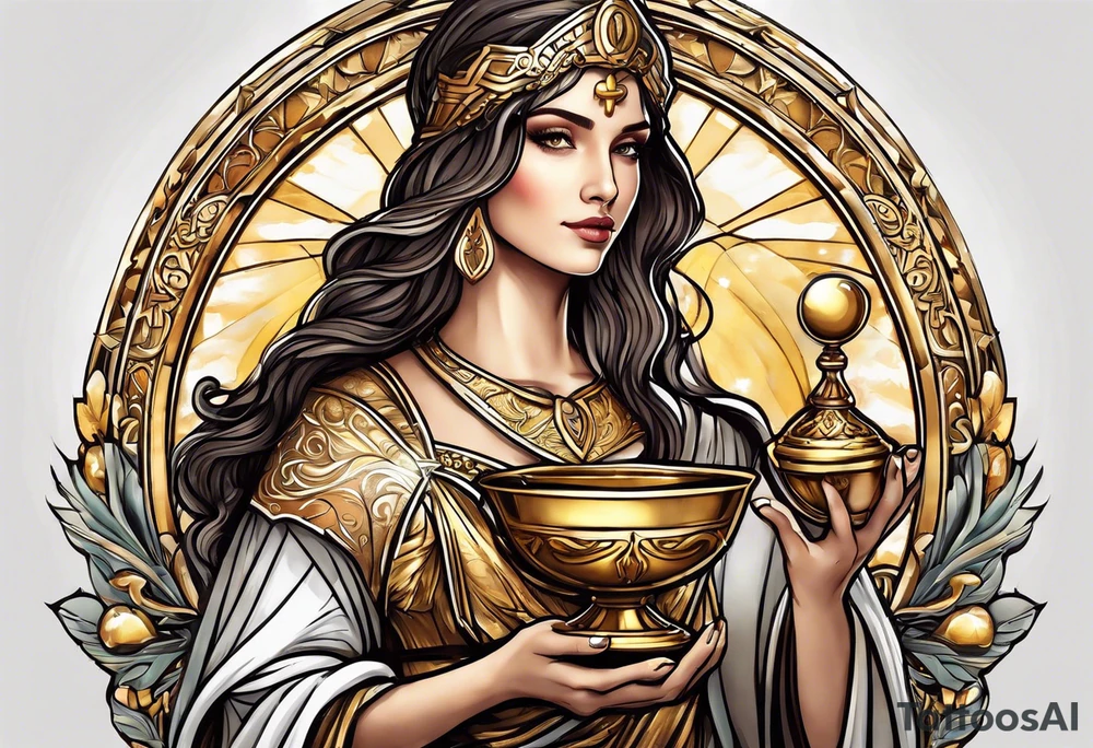 woman saint holding chalice surrounded by golden halo tattoo idea