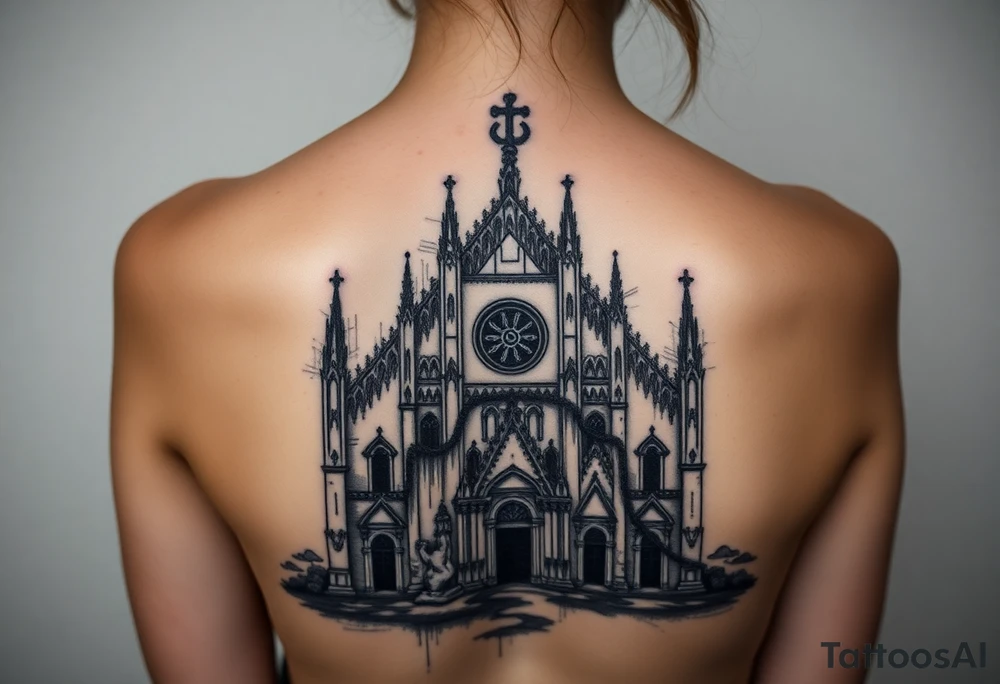 Milan Cathedral ruined and covered in graffiti, large tattoo, lower back area tattoo idea