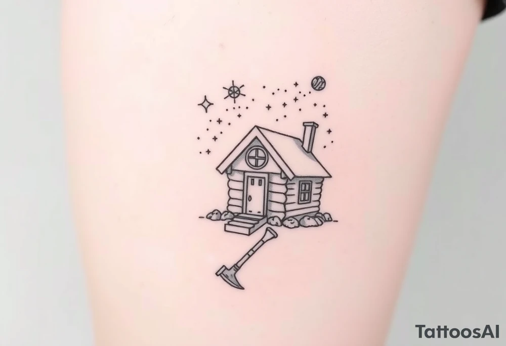 Tiny nordic house with cosmic sky and celestial details. With a pickaxe out the front of the house tattoo idea