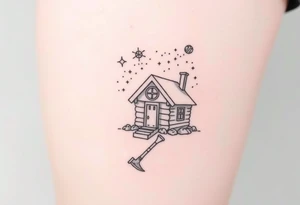 Tiny nordic house with cosmic sky and celestial details. With a pickaxe out the front of the house tattoo idea