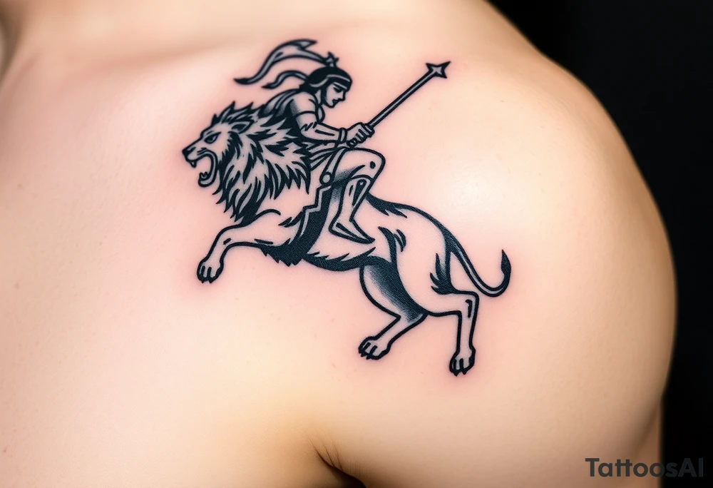 warrior riding on top of lion into battle tattoo idea