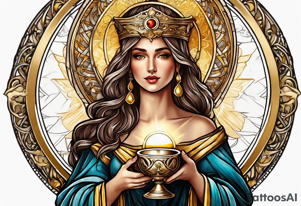 woman saint holding chalice surrounded by golden halo sideways tattoo idea