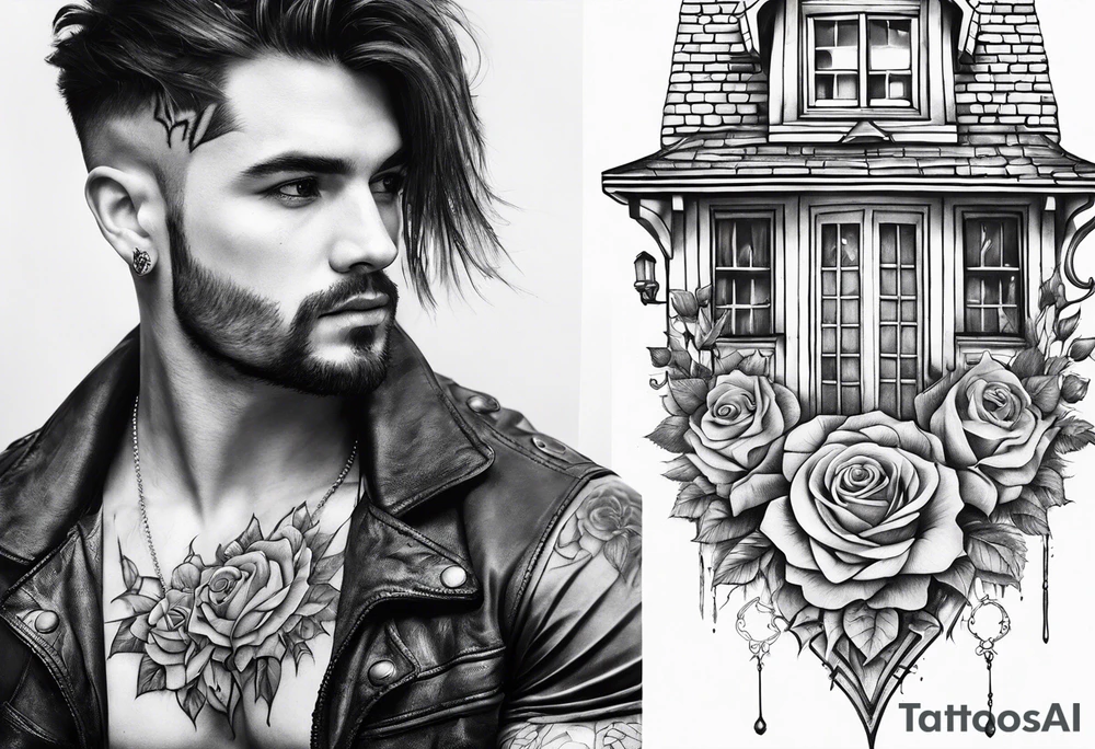 fool sleeve,, abandoned old gotic house, broken sword, roses, tattoo idea