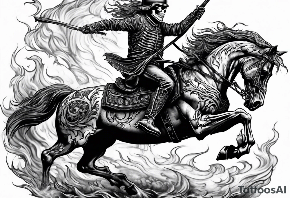 Skeleton riding a horse on fire tattoo idea
