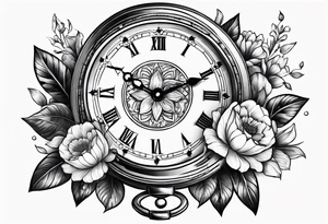 Open Hinged pocket watch surrounded with flowers in remembrance of a deceased friend tattoo idea