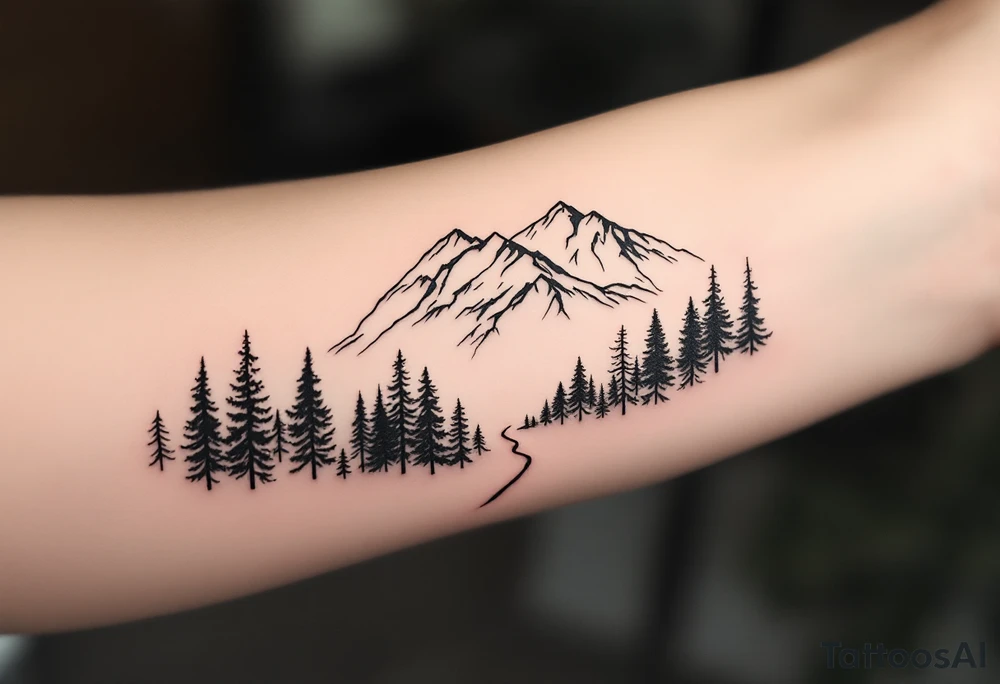 A minimalist design with a narrow path cutting through a dense forest, leading toward snow-capped mountains in the distance. The contrast between the dark woods (from Exile) and the snow-covered mountains (from Out of the Woods) shows the transition from hardship to hope. The path could be subtly winding, suggesting that the way forward is unclear, yet still leading to something more peaceful. tattoo idea