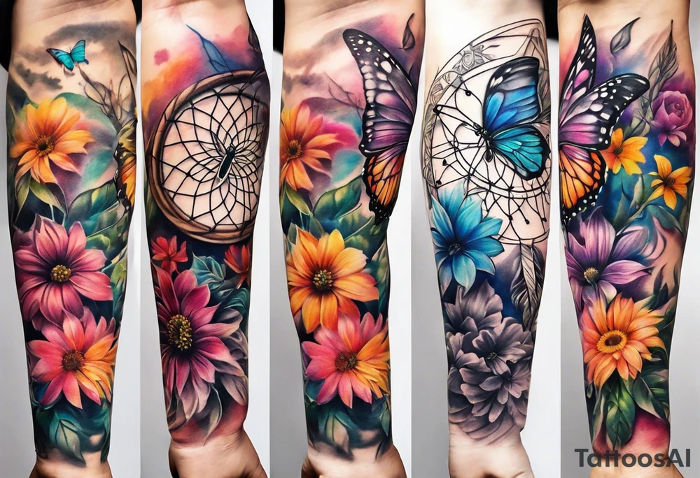arm sleeve with dreamcatcher, rainbow flowers and one butterfly tattoo idea