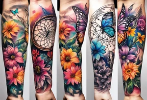 arm sleeve with dreamcatcher, rainbow flowers and one butterfly tattoo idea
