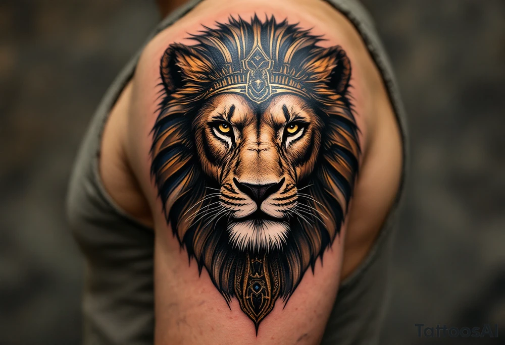 egyptian themed lion (red and black) tattoo idea