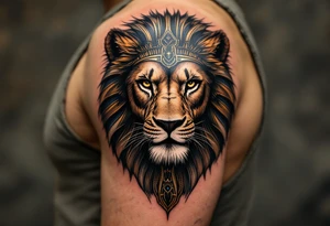 egyptian themed lion (red and black) tattoo idea