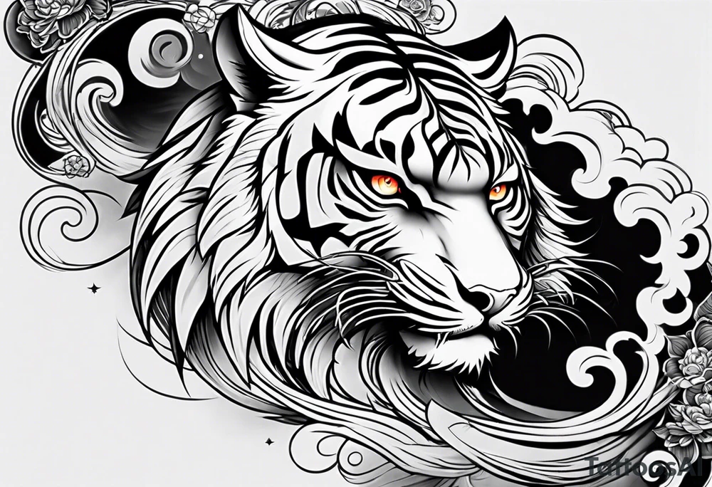 Asian Japanese Chinese style tiger twisting body for a forearm half sleeve, clouds tattoo idea