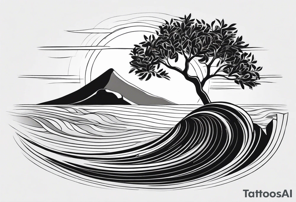 Olive tree into waves, ocean, sun for wrist tattoo idea Olive tree into waves, ocean, sun for wrist tattoo idea