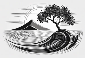 Olive tree into waves, ocean, sun for wrist tattoo idea