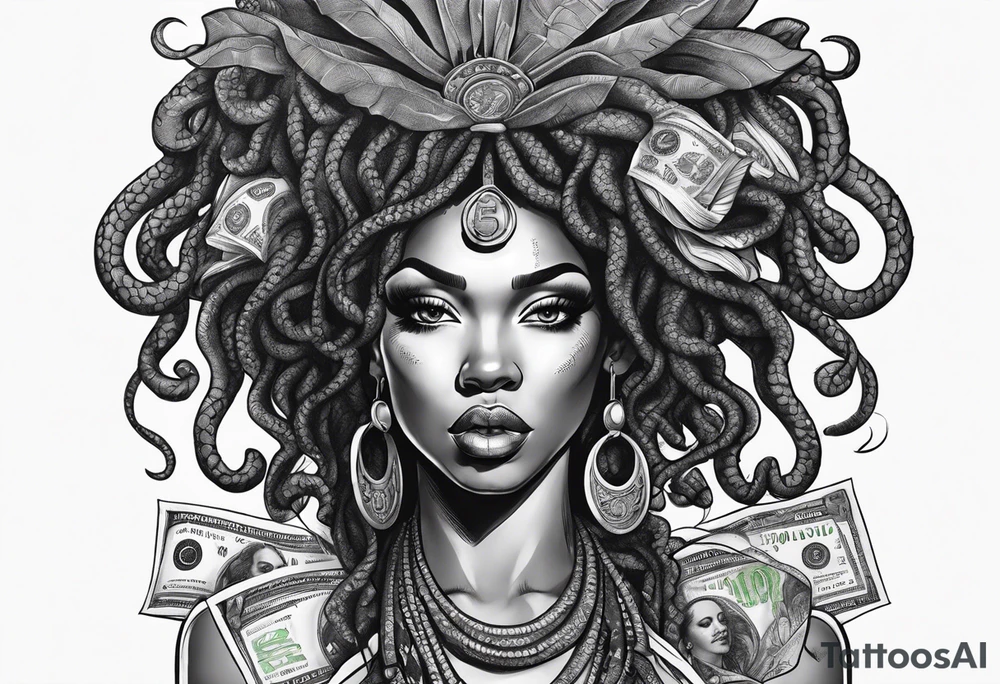African medusa with money tattoo idea