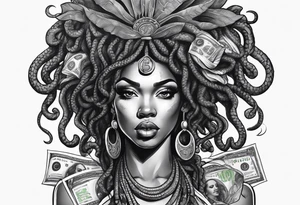 African medusa with money tattoo idea
