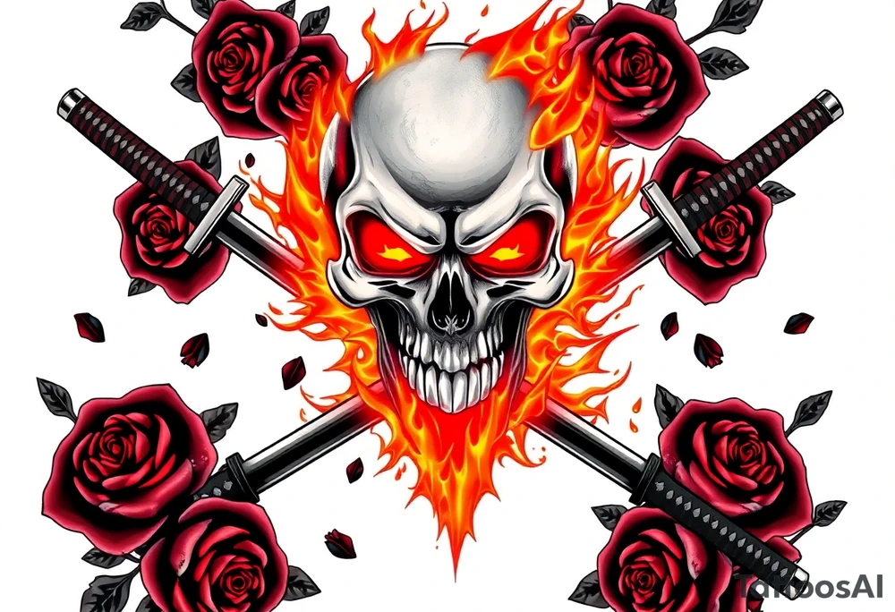 A skull burning intensely, katanas crossed, surrounded by falling dark roses. tattoo idea
