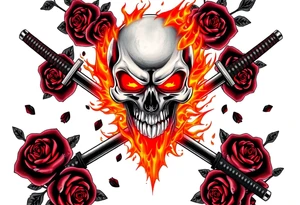 A skull burning intensely, katanas crossed, surrounded by falling dark roses. tattoo idea