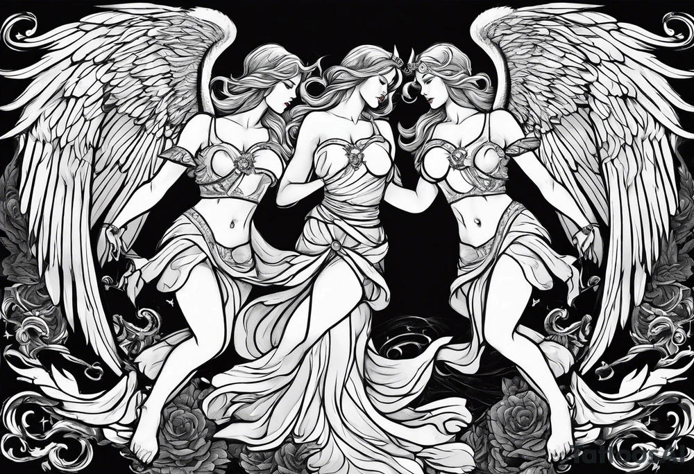 angel woman and devil woman fighting, arguing on the sky , big wingsand full body  , angel at the right , tattoo idea