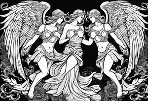 angel woman and devil woman fighting, arguing on the sky , big wingsand full body  , angel at the right , tattoo idea