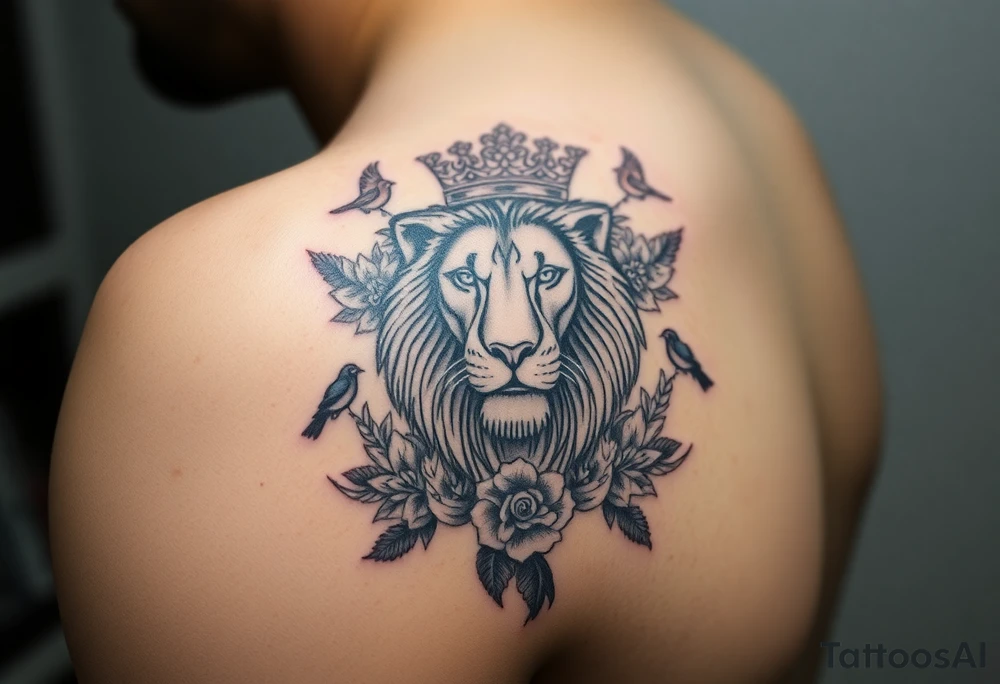powerful majestic lion with a crown, surrounded by floral ornaments and birds tattoo idea