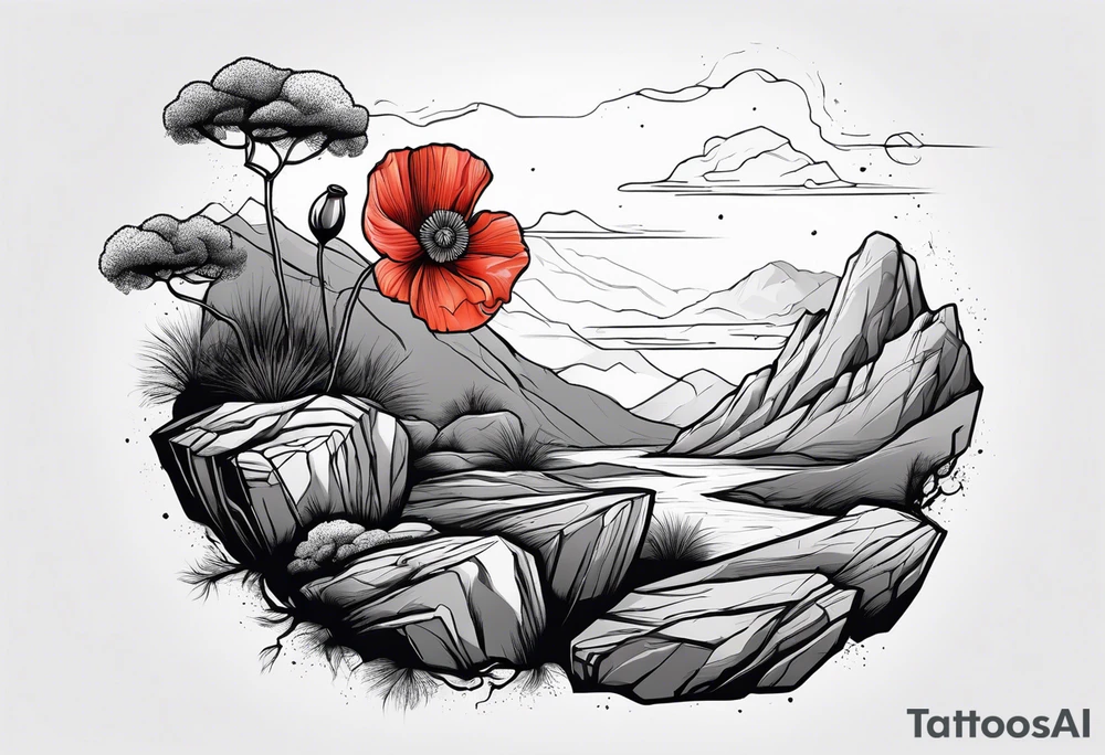 Lone  poppy growing out of boulder with roots enveloping rock tattoo idea