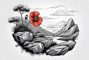 Lone  poppy growing out of boulder with roots enveloping rock tattoo idea