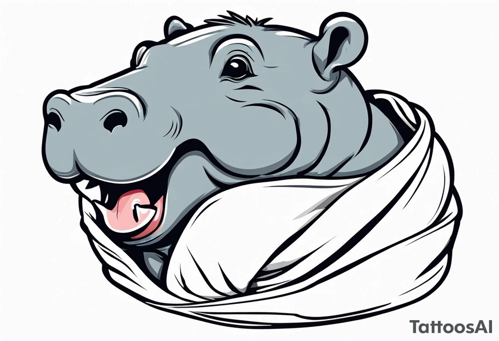Baby hippopotamus wrapped in a swaddle and has a knife sideways in its mouth tattoo idea