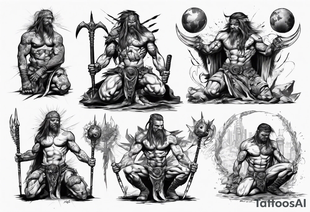 Savage warrior kneeling with the world on his shoulders tattoo idea