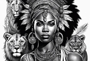 African woman warrior holding spear with deadlocks and earrings. With lion and birds in the background tattoo idea