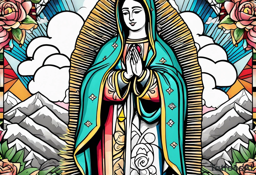 Virgen de Guadalupe with angel , clouds , mountains tattoo idea