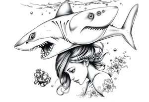 angry shark swimming over a depressed girls head, under water, divers summing around the girls head minding their business. tattoo idea