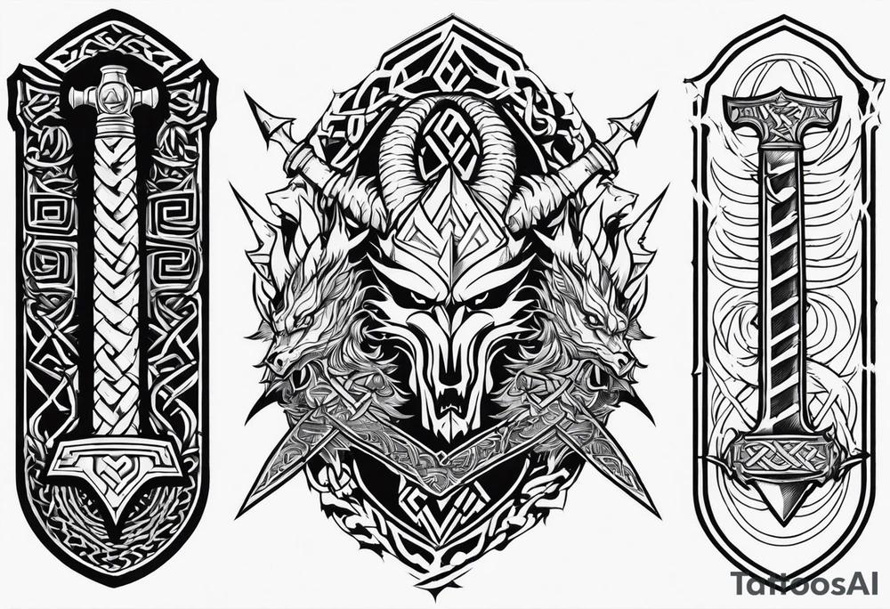 Valhalla sword shield dragon axe Valknut barbed wire chains tattoo idea Valhalla sword shield dragon axe Valknut barbed wire chains tattoo idea
