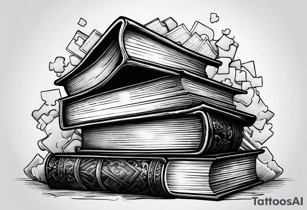 Stack of books with jigsaw puzzle pieces tattoo idea