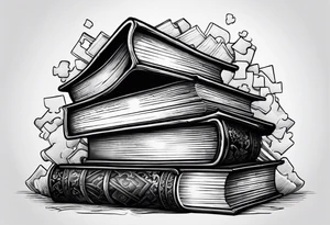Stack of books with jigsaw puzzle pieces tattoo idea