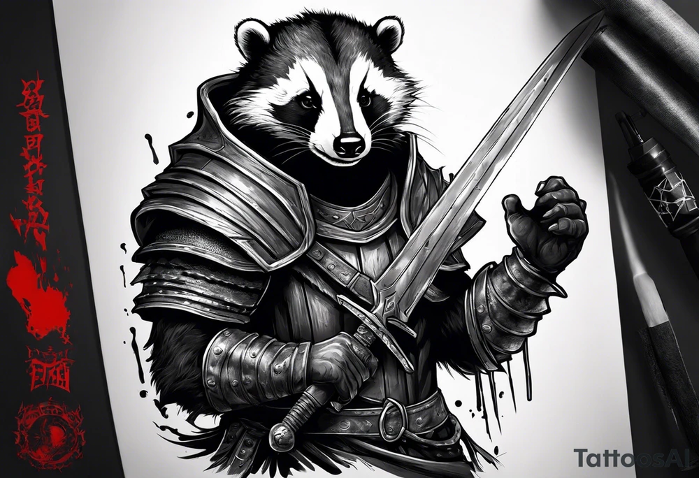 Draw me psychopath Badger/Gladiator with aggressive full body, killer face with a scary smile, very long nails and he attacks like a Bloody Assassin to us and also, he has very deadly looking. He fights with his nails. Everybody scares after their first sight. Give me horror type Badger Tattoo. I want to see his Realistic full body. tattoo idea